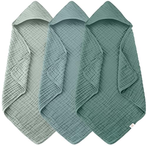 Image of Ease Cubs 3-Pack Muslin Hooded Baby Towels, 100% Cotton, Ultra-Soft & Absorbent Baby Bath Towels with Hood for Babies, Infant, Toddler and Newbron (Emerald Series,32" x 32")