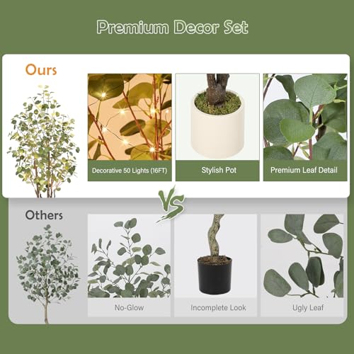 GarveeHome Artificial Eucalyptus Tree, 6ft Tall Fake Artificial Plant with White Planter,Large Faux Floor Plant Fake Silk Trees with 50 Lights Artificial Trees for Home Decor Indoor