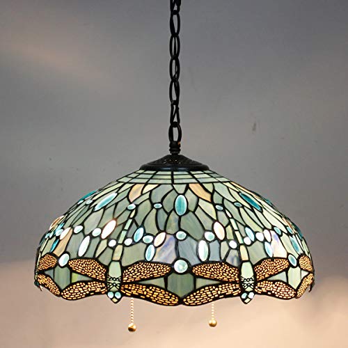 Image of WERFACTORY Tiffany Pendant Light Fixture 16 inch Stained Glass Hanging Lamp