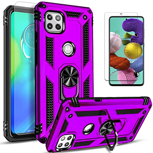 Motorola One 5G Ace Phone Case, [NOT FIT Motorola One 5G/UW] with [Tempered Glass Protector] STARSHOP Military Grade Shockproof Protection Cover Rotating Ring Kickstand (Puprle, Motorola One 5G Ace)