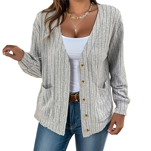 Women's V Neck Button Down Knit Cardigans Open Front Long Sleeve Cable Knit Outwear Coats Loose Cardigan Sweaters (Large,Grey)