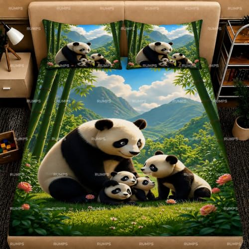 Image of RUMPS Panda Family Double Bedsheet with 2 Pillow Covers | Super Soft Glace Cotton Bed Sheet | Kids Cartoon Panda & Nature Print | King Size Bedsheet for Bedroom | Green & Blue 90x100 Inch Bed Sheet