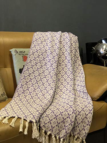 Ancient Handicraft Cotton Throw Blanket With Fringe 60X48 Inches | Purple Reversible Lightweight Warm Cozy Throw Blanket For Living Room, Bed Room, Chair, Couch, Camping, Travel, Everyday Use #TOP1