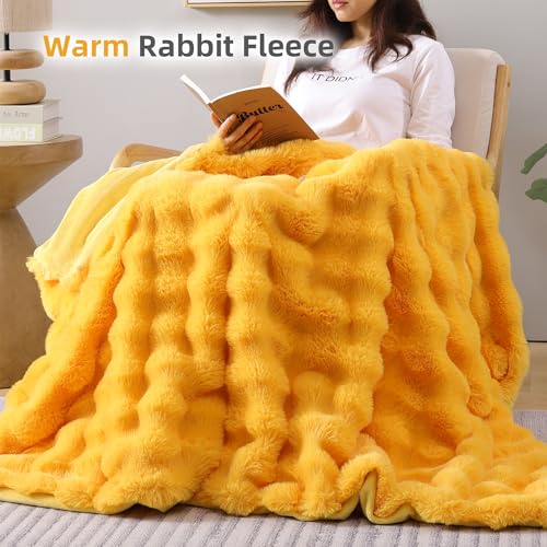 Smoofy Faux Fur Throw Blanket for Couch – Mustard Yellow Fluffy Cozy Rabbit Fleece, Plush Soft Bubble Blanket for Sofa & Bed, for Mom, Warm Fuzzy Home Room Decor Throw 50" x 60"