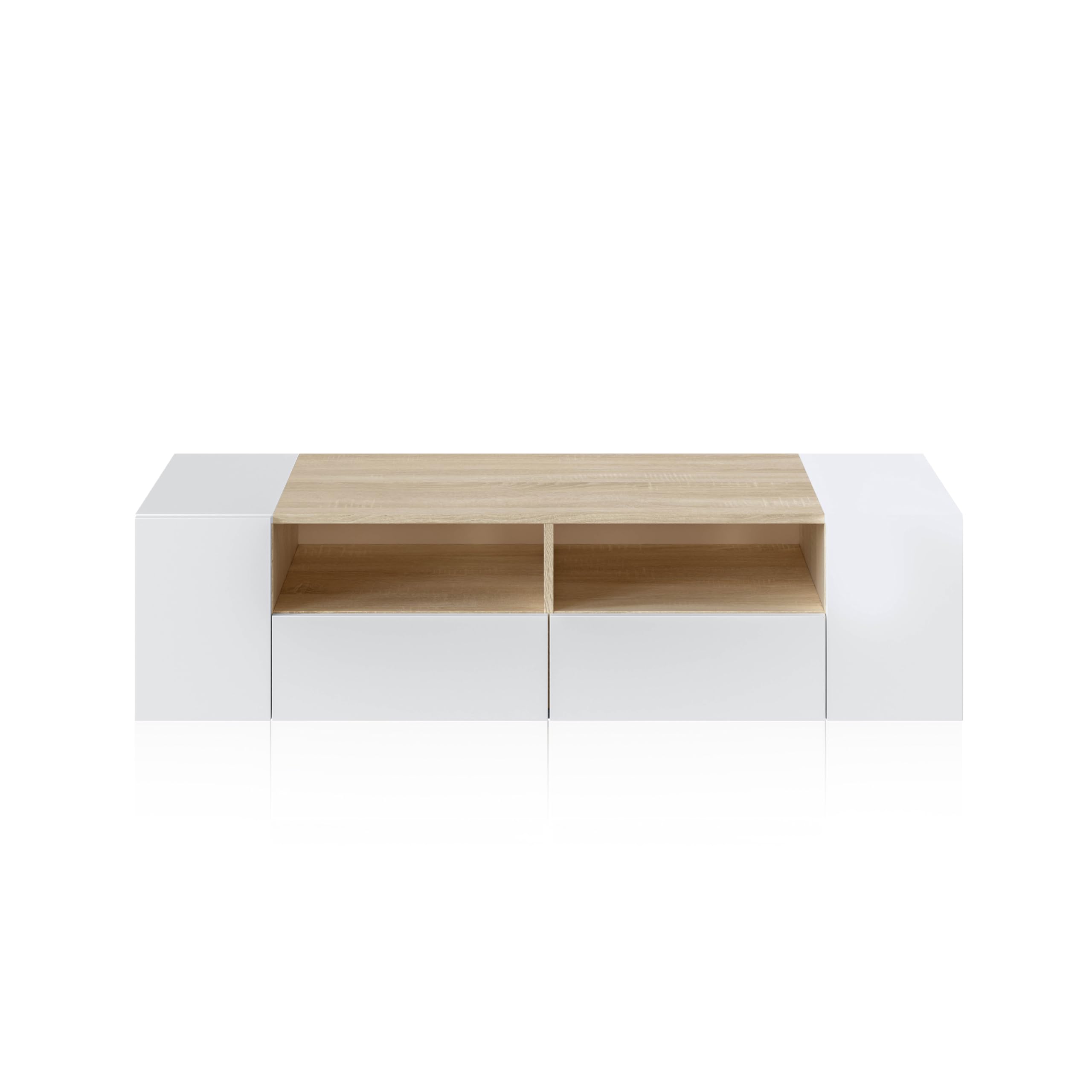 duehome | Modulo TV, Mueble de Salon, Juego de Muebles, Modelo Nima, Acabado en Blanco Artik y Roble Canadian, Medidas: 138 cm (Largo) x 42 cm (Fondo) x 36 cm (Alto)