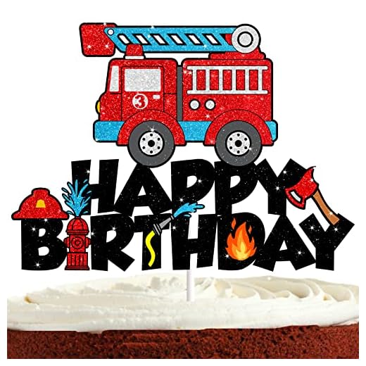 Fire Truck Cake Topper for Boy Girl Baby Shower Birthday Firefighter Party Supplies Firetruck Party Decoration Red Glitter Fireman Firetruck Cake Toppers Decorations