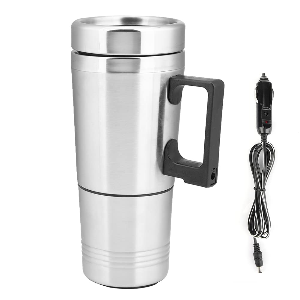 Qiilu Heated Travel Mug 12V Electric Car Kettle Boiler Stainless Steel Heating Cup Coffee Tea Warmer Cup 350ML+150ML