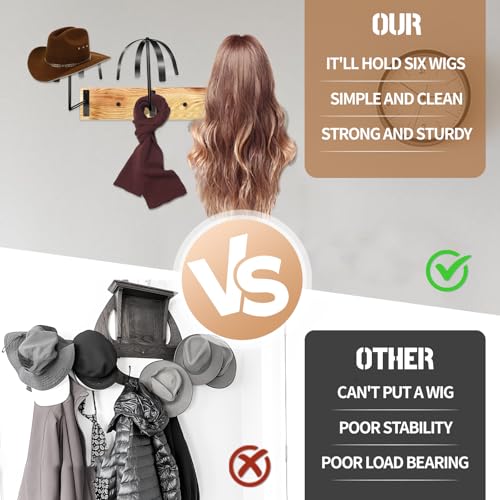 6 Pcs Hanging Wig Stand for Multiple Wigs, Wall Mounted Wig Hanger Rack, Wooden Wig Storage Organizer, Wig Holder for Multiple Wig Display, Styling, Storage,Tidy, Keep the Wig In Shape - Image 6