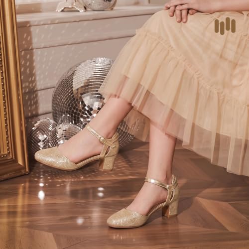 Hehainom Girls Heels Dress Shoes Flower Girl Closed Toe Heels Kid Pump Shoes(Gold Glitter5 M US Big Kid) by Hehainom - Used condition - Image 2