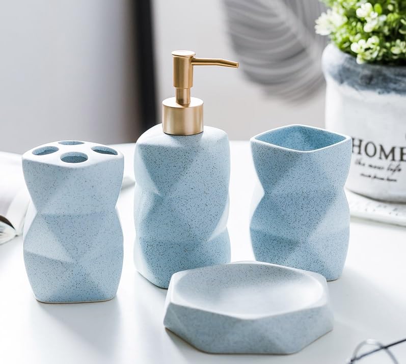 UMAI 4 Pcs Ceramic Bathroom Accessories Set - Tooth Brush Holder, Water Cup (380ml), Soap Dispenser (380ml), Soap Holder Dish for Bathroom (Blue) (B0CQ4GV4S4) Amazon Price History, Amazon Price Tracker
