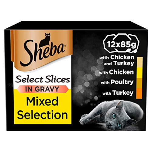 Sheba Select Slices in Gravy, Poultry Selection, Wet Cat Food Trays for Adult Cats, 48 x 85 g Pack