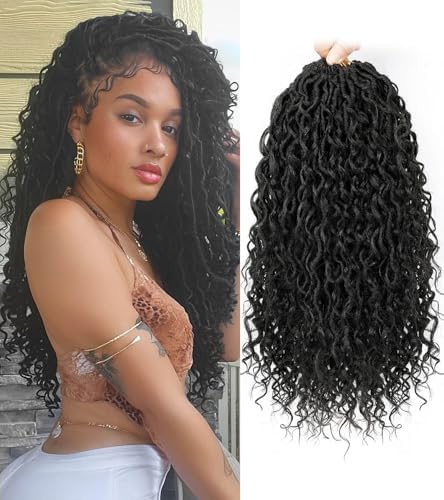 Col Bling 14 Inch 8 Packs Goddess Locs Crochet Hair for Black Women, Pre-Looped Faux Locs Crochet Braids with Curly Ends, Boho River Style Synthetic Hair (1B)