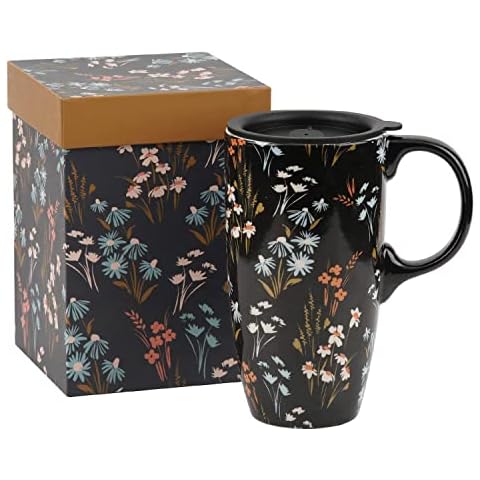 TZSSP Coffee Ceramic Mug Porcelain Latte Tea Cup With Lid 17oz. Flower Cover