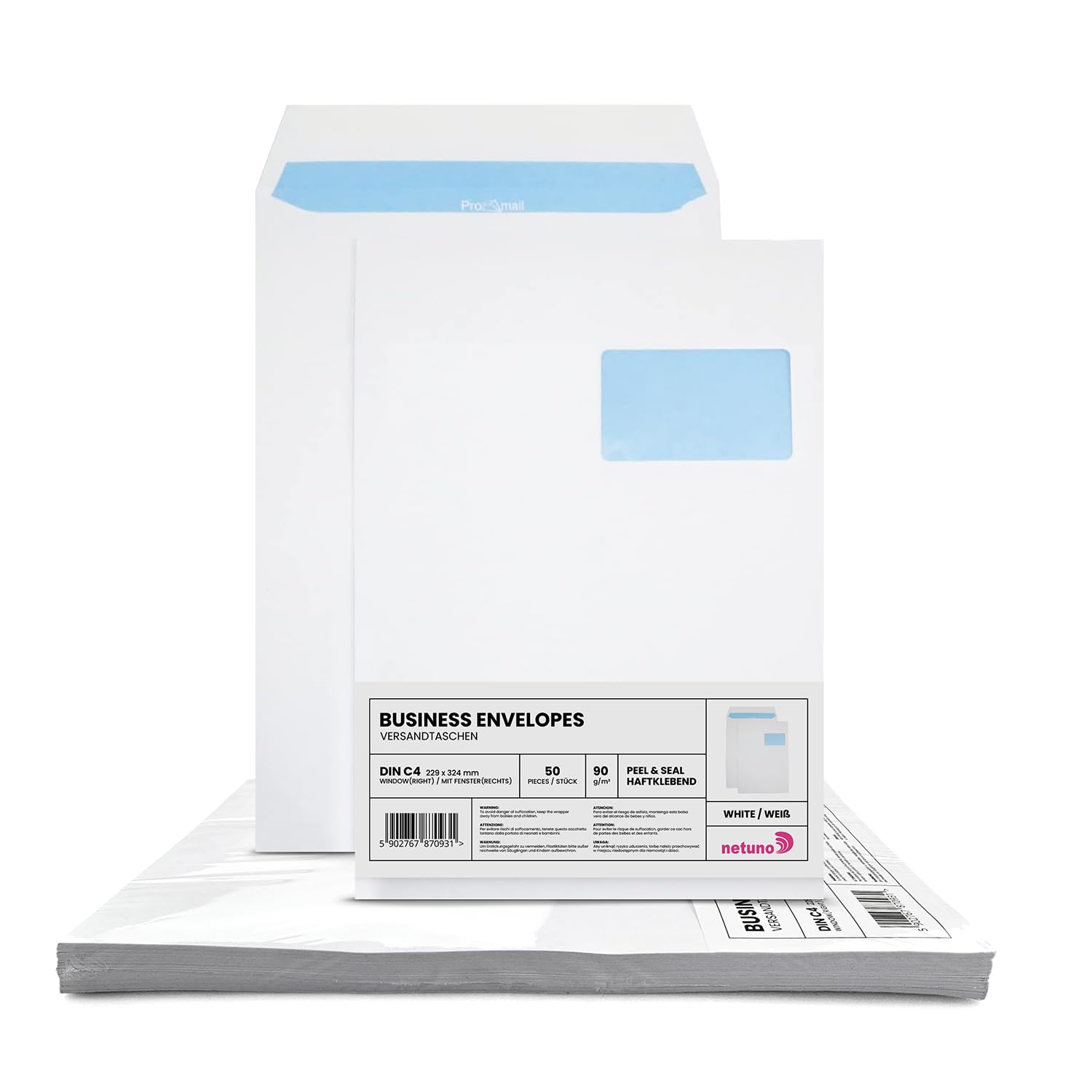 Netuno 50 White C4 envelopes 229 x 324 mm 90 g Paper with Blue Interior Print with Right Window Straight Flap self Adhesive Closure — image 1