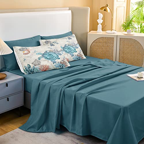 Sea Turtle Comforter Set Ocean Beach Bed In A Bag 6 Pieces Nautical Coastal Themed Bedding With 1 Comforter, 1 Flat Sheet, 1 Fitted Sheet, 2 Pillowcases, 1 Cushion Cover (Twin, Turtle) #TOP2