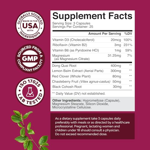 Complete Herbal Menopause Supplement for Women - Soy Free Female Hormone Balance Capsules for Night Sweats Hot Flashes & Mood Swings with Dong Quai, Chaste Berry & Black Cohosh Root - 75 Count - Image 4