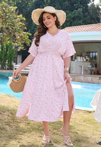 Image of Keluummi Plus Size Summer Wedding Guest Maxi Dresses for Curvy Women, Casual Floral 3 /4 Sleeve Emipre Waist V Neck Long Dress