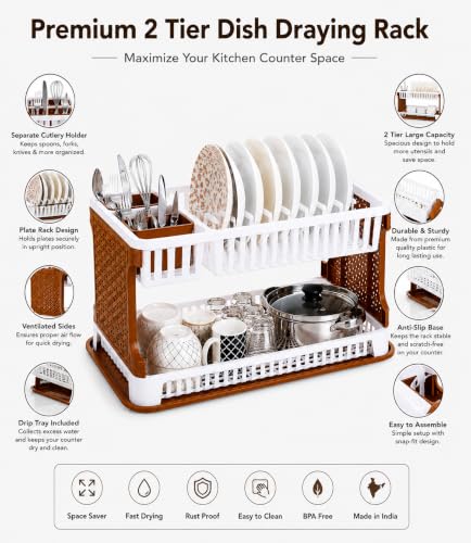 Image of JD FRESH 2 Tier Dish Drying Rack for Kitchen /Plastic Foldable Cutlery Holder for Countertop Rack /Compact Size Utensil Drainer Organizer with Water Tray /Space Saving Plate Stand (Brown)