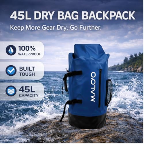 Malo’o mochila seca impermeable 45L – mochila impermeable resistente para pesca, playa, kayak, camping, surf y aventura al aire libre miniatura 2