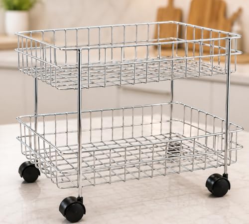 Image of Stainless Steel Kitchen Storage Trolley, 2 Layer, Folding Perforated Design, with Wheels, for Spice, Fruits and Vegetable Organiser (2 Tire Trolly)