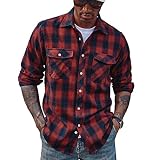 PJ PAUL JONES Mens Flannel Plaid Regular Fit Shirts Casual Button Down Shirts Dads Gift Red Medium