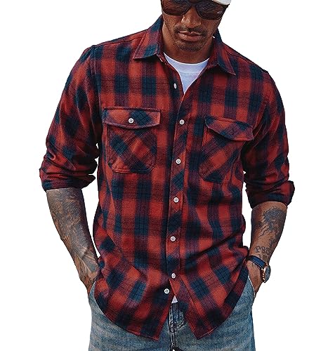 PJ PAUL JONES Mens Flannel Plaid Shirt Casual Long Sleeve Button Down Shirts with Pockets - Main Image