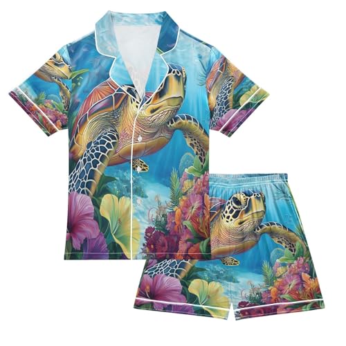 ALAZA Sea Turtle Flower Blossom Satin Pajamas Set Short Sleeve Button Down Sleepwear Summer Pjs 2 Piece
