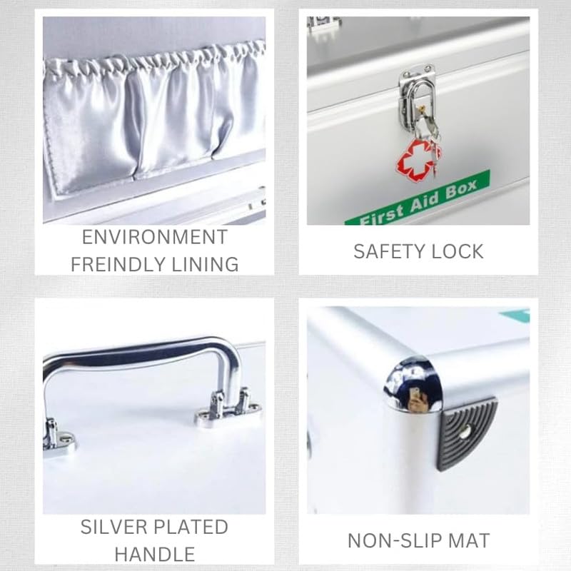 Image of Silver First Aid Box with Aluminium and Steel Protector Corners | Durable Medical Storage Case for Home, Office, and Travel, Heavy-Duty Corner Protectors, Secure Kit Home Workplace.