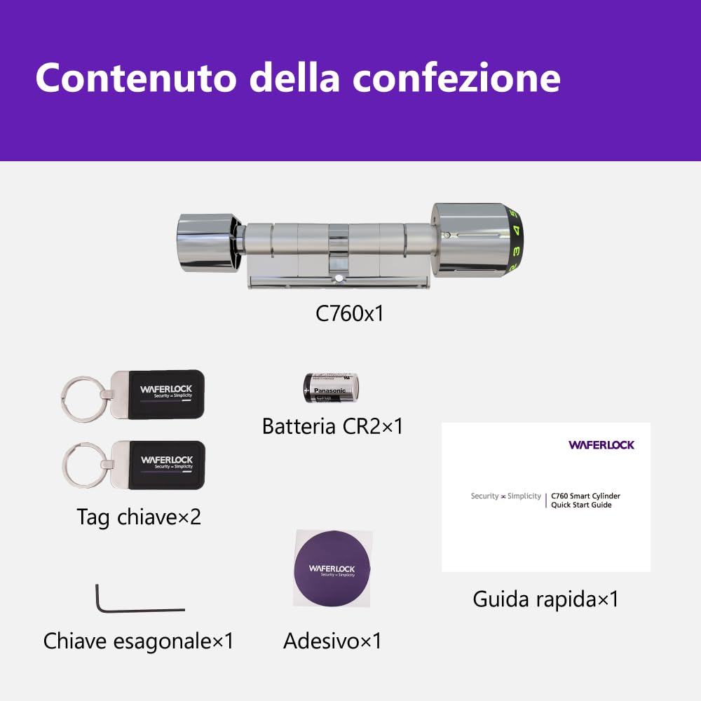 Cilindro smart europeo WAFERLOCK C760, IP68 impermeabile, resistente al fuoco, app, RFID/PIN, anti-trapano, 35/35–50 mm (70–85 mm), finitura nichel, EN15684