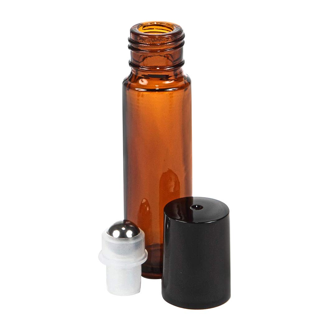 jojobasec 1Pc 10ml Amber Glass Roll-On Bottles Sample Test Essential Oil Vials Empty Containers with Stainless Steel Roller