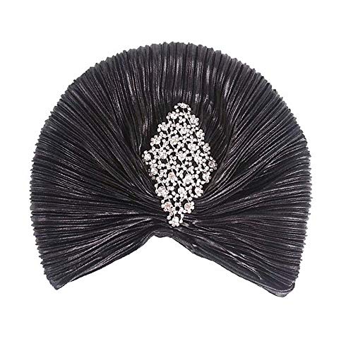 YEEBOM Women's Rhinestones Ruffle Turban Hat Glitter Twist Pleated Hair Wrap Stretch Turban Black
