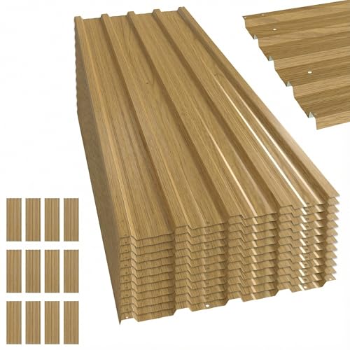 Outsunny 12x Paneles para Tejado de Acero Galvanizado, Chapas Perfiladas de Techo 7m², para Caseta de Herramientas, Cobertizo, Garaje, Exterior, 129x45cm, Madera Natural