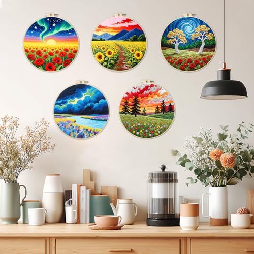 Image of ACRNIGHEET 5 Pack Embroidery Kit for Beginners Adults, Stamped Cross Stitch Kits, Hand Embroidery Starter Kit Including 5 Stamped Embroidery Cloth, Colorful Threads, Hoop, Instruction, Gift Idea