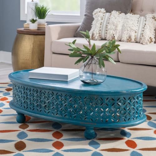 Image of Wooden Coffee Table for Living Room | Kara Solid Wood Handcrafted Center Table for Living Room | Oval Tea Table for Living Room | Wooden Furniture for Home (Blue Antique)