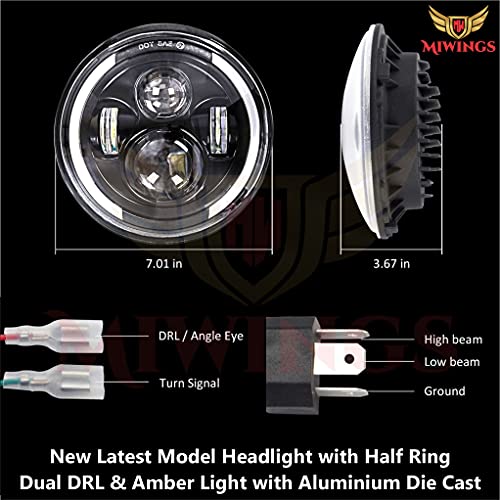 Image of Miwings 6 LED Projector Headlight with Dual Color DRL Half Ring For Mahindra Thar /Jeep /Royal Enfield Bike Models, 7 Inch, White & Amber