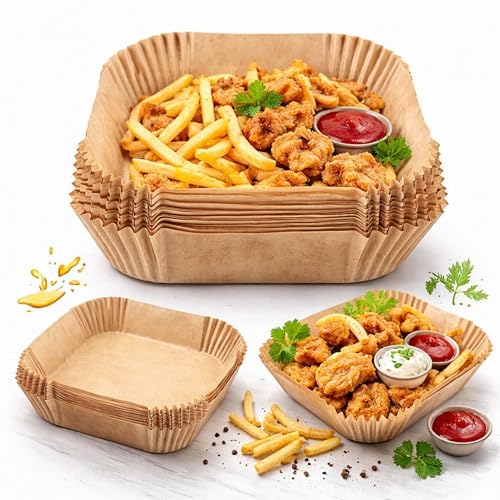 Image of 100 PCS Air Fryer Disposable Paper Liners | 8 Inch Square Parchment Sheets | Oil-Proof & Non-Stick, Heat Resistant Baking Paper for Air Fryer, Microwave, Roasting & Cooking| Pack of 1