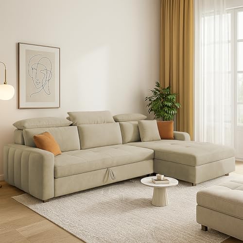 Image of Casaliving Gagnon RHS 4 Seater L Shape Corner Sofa Cum Bed for Living Room (Cream Fabric) Premium Fabric Sofa Cum Bed