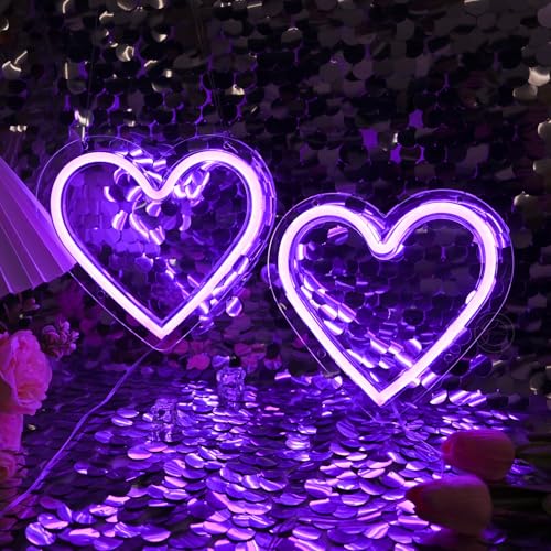 Image of Britrio Purple Heart Neon Sign Battery or USB Powered 2 Pcs LED Neon Heart Light for Mom Valentines Wedding Proposal Anniversary Wall Decoration Night Light for Girl Room Classroom Dorm Bedroom Decor