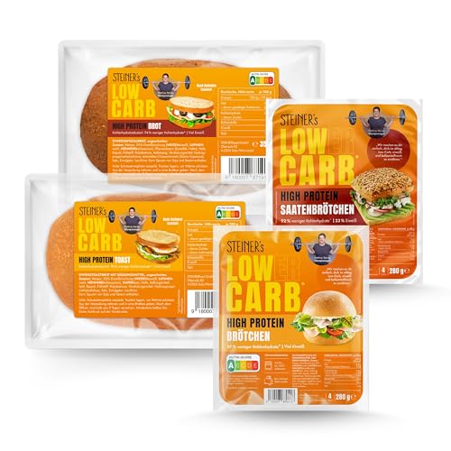 STEINER´s Low Carb High Protein Brot Box | 87-94{defea9adbf044643f3b26741b383e9eb21520dc70347be5a8fc15d606b0f69af} weniger Kohlenhydrate | Brot (1x350g), Toast (1x350g), Brötchen (1x280g, 4 Stk.), Saatenbrötchen (1x280g, 4 Stk.) STEINER´s Low Carb High Protein Brot Box | 87-94{defea9adbf044643f3b26741b383e9eb21520dc70347be5a8fc15d606b0f69af} weniger Kohlenhydrate | Brot (1x350g), Toast (1x350g), Brötchen (1x280g, 4 Stk.), Saatenbrötchen (1x280g, 4 Stk.)