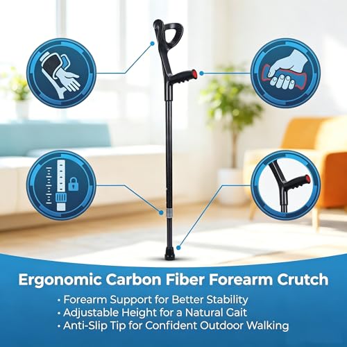 Image of Carbon Fiber Forearm Crutches for Adults, 1 Pcs, Lightweight Arm Crutches, Adjustable Elbow Crutches Height 57 inch-75 inch for 4'9 inch-6'2 inch Users, Heavy Duty with 2 Foot Pads, Up to 350 lbs