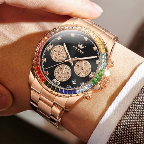 Image of OLEVS Watch for Men Luxury Gold Diamond Chronograph Business Wristwatch with Analog Quartz, Date Calendar, Stainless Steel Band, Luminous Hands, Waterproof