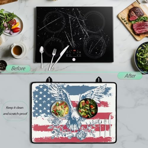 Image of Poceacles Patriotic Stove Top Cover for 4th of July Electric Glass Stove Top Mat Heat Resistant Non-slip Cooktop Protector Counter Top Protector Cover, American Flag Eagle Rose Beige