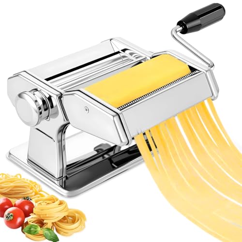Máquina de pasta manual, máquina de fideos, máquina de pasta dos en uno, con 7 configuraciones de espesor ajustable y un rodillo lavable, adecuado para fideos frescos caseros pasta lasaña