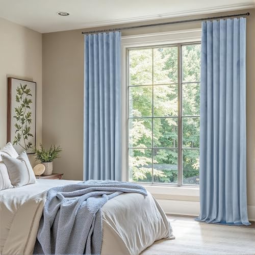 Image of Dusty Blue Velvet Drapes for Baby Boy Bedroom 96 Inches Long 2 Panel Thermal Insulated Light Blocking Floor Length Slate Stone Blue Velvet Curtains for Modern Home Decor Back Tab Pocket Greyish Blue