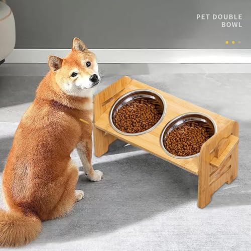 Dog Feeding Station - Wood, 15.75x7.09x7.68in Tilt Raised Double Bowls | Adjustable Angle Pet Food & Water Dish, Elevated Feeding Bowl For Dogs, Cats, Puppies, Pets, Easy Cleaning, Home, Apartment - Afbeelding 3