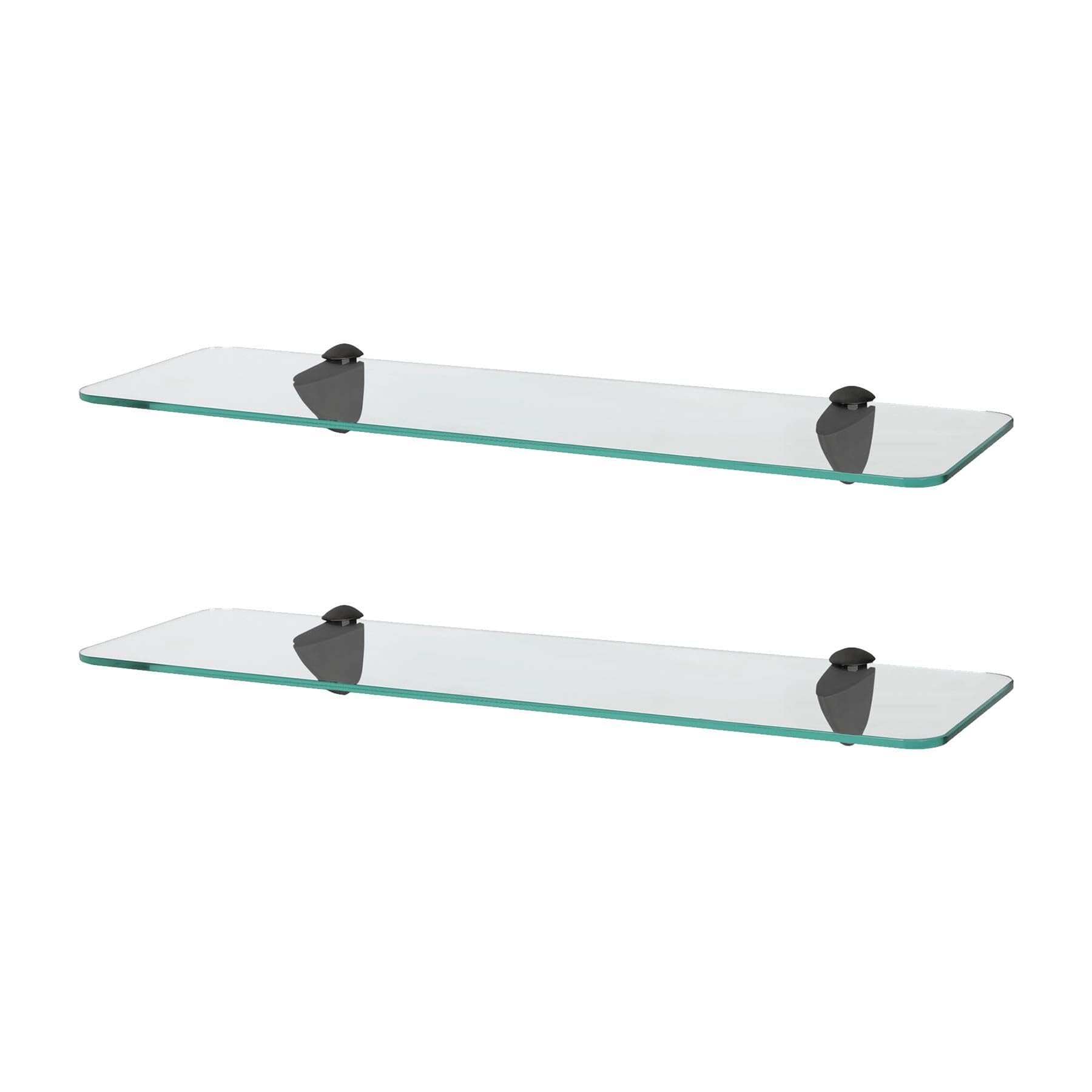 Harbour Housewares Rounded Floating Glass Bathroom Shelves - 50cm - Clear/Black - 2x Wall-Mounted Kitchen Bedroom Shower Room Décor Caddy Towel Storage Organiser Shelving Rack with Brackets