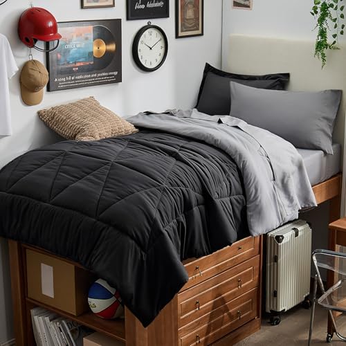 BEDELITE Twin XL Comforter Set 5 Pieces Bed in A Bag - Soft Microfiber Reversible Twin Extra Long Black Bed Set with Comforters, Sheets, Pillowcase & Sham, Cozy Bedding Sets for College Dorm Room