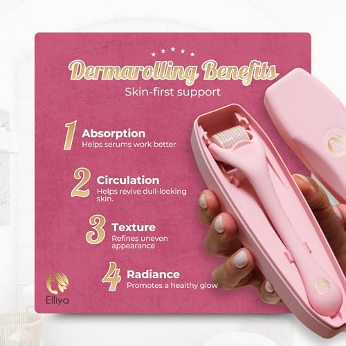 Elliya Rosa Derma Roller mit 0,25 mm Titan-Nadeln - Gesichtspflege- und Hautpflegewerkzeug mit Etui - Microneedling-Roller für glatte Haut - Hautpflegeroutine für Zuhause – Bild 6