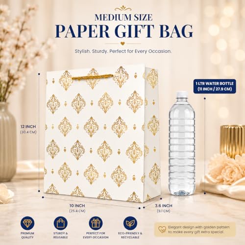 Image of Flora Paperbags |paper bags for Gifting | Medium Size Gift Bags 12 x 10 x 3.6 Inch | Premium Gold Printed Paper with Rope Handles | Wedding Return paper Bags, Birthday Gift Bags, Party Favors & Corporate Gifting | Pack of 10