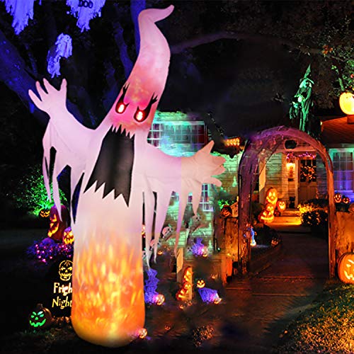 amzdeal Halloween Inflatable Ghost 8Ft Upgraded HalloweenTerrible White Ghost with Lighted Real Flames and Eyes Indoor Outdoor Yard Lawn Party Decoration Includes 5 Stakes and 3 Tethers